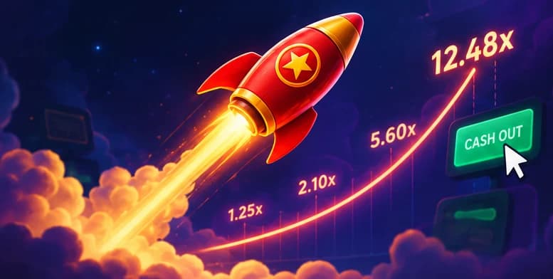 Rocket climbing a crash game multiplier curve with cash-out control